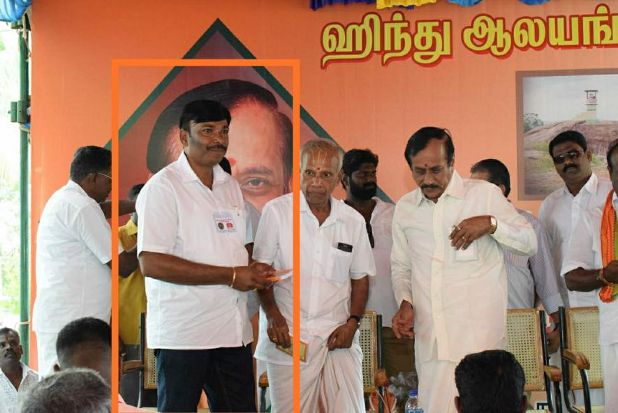 Sakthi School principal in an event to privatise Hindu temples with H Raja, BJP leader.