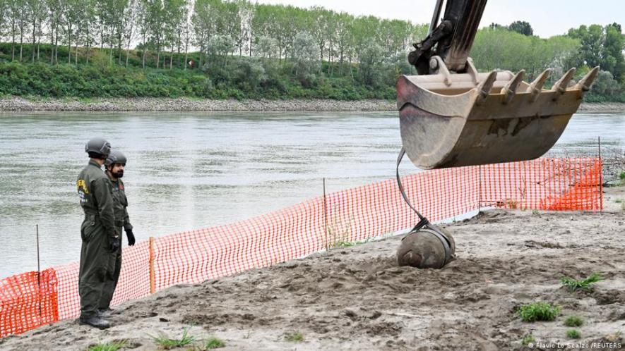 The receding waters of the Po River in Italy exposed a World War II bomb, which had to be destroyed