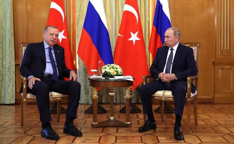 Russian President Vladimir Putin (R) met Turkish President Recep Erdogan at Sochi, Russia, on August 5, 2022 