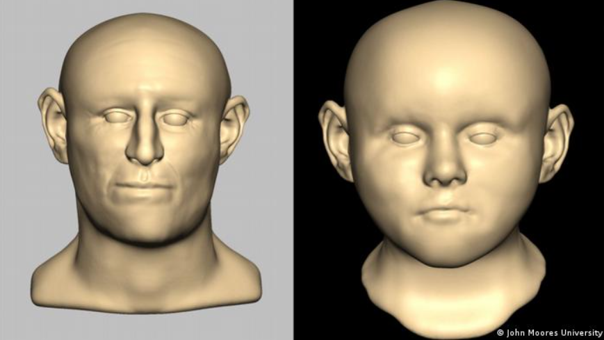 Scientists were able to shape the remains from bodies found in the well to reconstruct the faces of an adult (left) and a child (right)