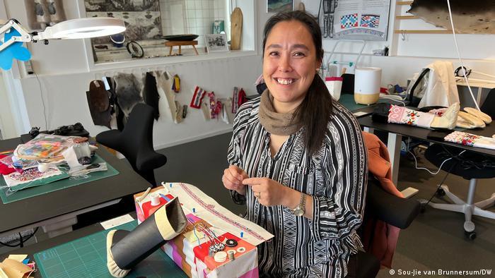 Sara Marie L Berthelsen specializes in making and embroidering kamik — long boots made of sealskin with other animal skins sewn on