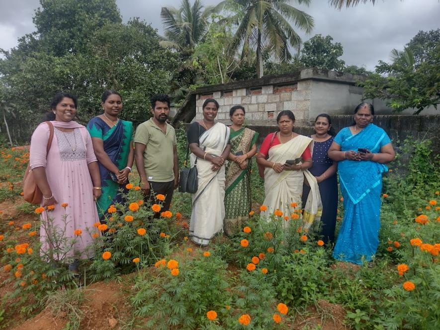 Kumari, Dhivya and Shiny Mol, all first time councillors, with local residents in the farm, are happy with the yield they have managed