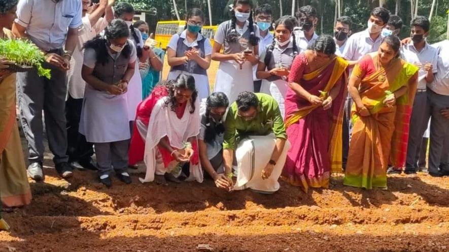 MLA IB Satheesh, inaugurating the planting of saplings in Chinmaya Vidyalaya in July (Courtesy:.facebook.com/ib.sathish.9)