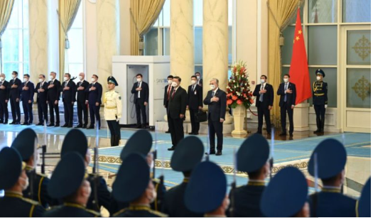 Kazakhstan President Kassym-Jomart Tokayev welcomed President of China Xi Jinping with an official ceremony at Akorda Presidential Palace, Nur Sultan, Sept. 14, 2022.