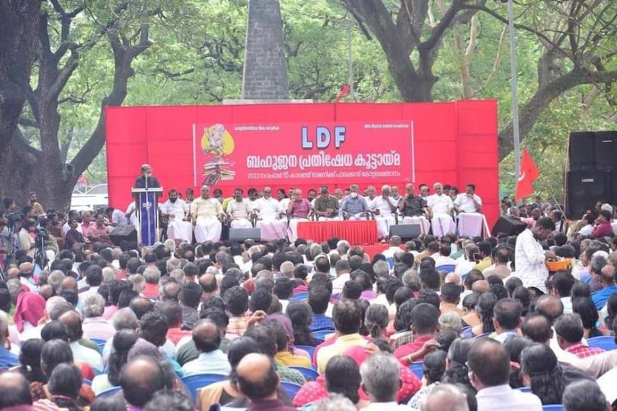 CPI(M) leader T M Thomas Isaac addressing a protest meeting at Palakkad.