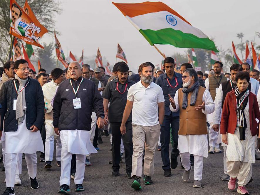 Congress leader Rahul Gandhi with former Haryana CM Bhupinder Singh Hooda, senior party leaders Randeep Surjewala and Selja Kumari, and others during the 'Bharat Jodo Yatra', in Nuh district, Wednesday, Dec. 21, 2022.