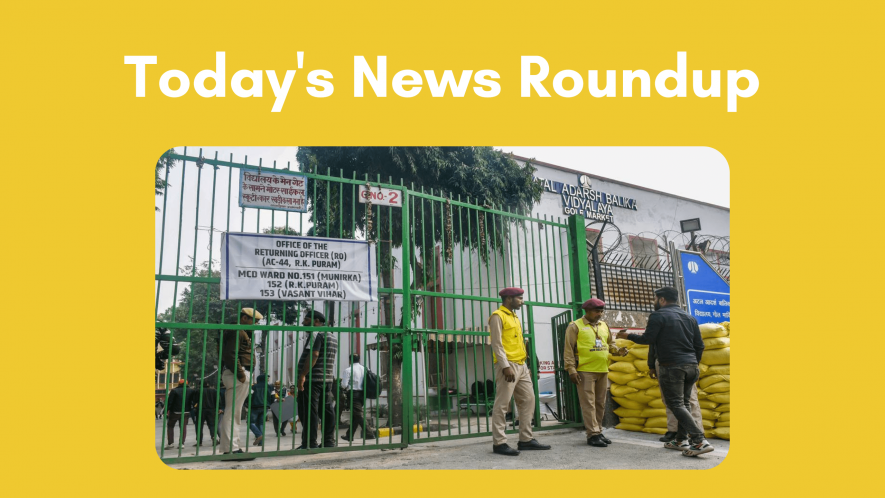 Security personnel at a polling booth ahead of MCD elections at Gole Market in New Delhi