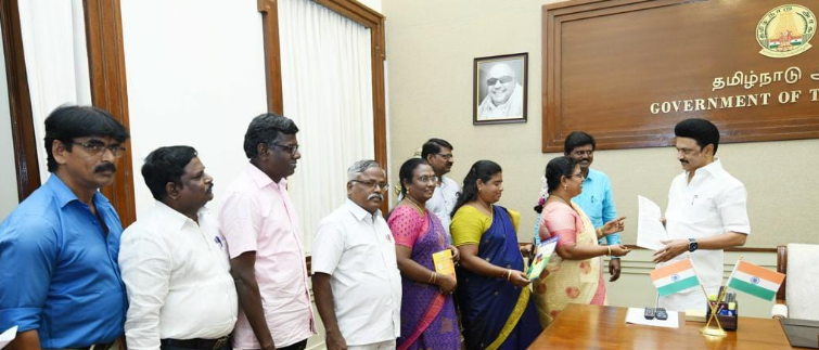 TN Government Employees Association members meet chief minister MK Stalin in Chennai on Monday.