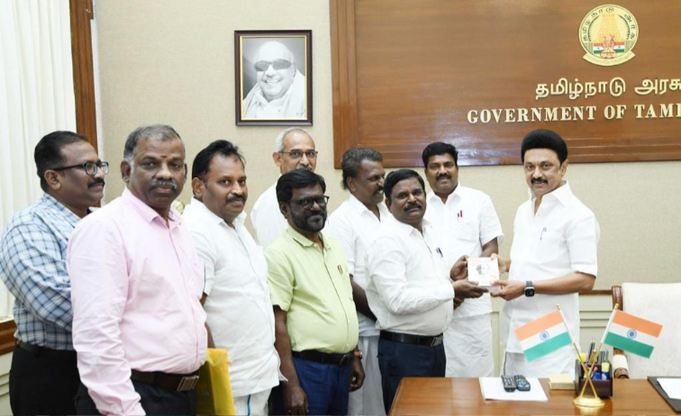 JACTO-GEO members meet CM MK Stalin in Chennai on Monday.
