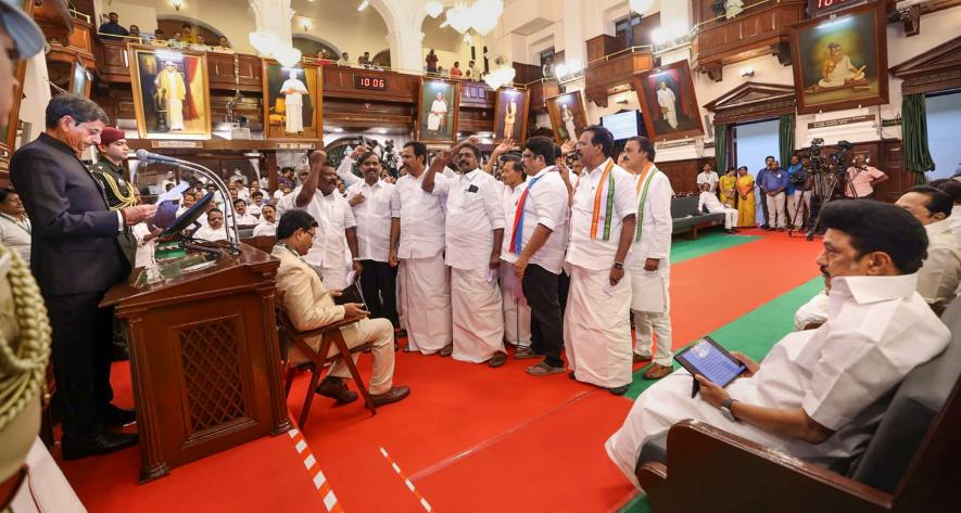 MLAs belonging to the allies of the ruling government raise slogans against Tamil Nadu Governor R. N. Ravi before staging a walkout during his address at the first session of the year of Tamil Nadu Assembly, at Fort St George, in Chennai, Monday, Jan. 9, 2023.