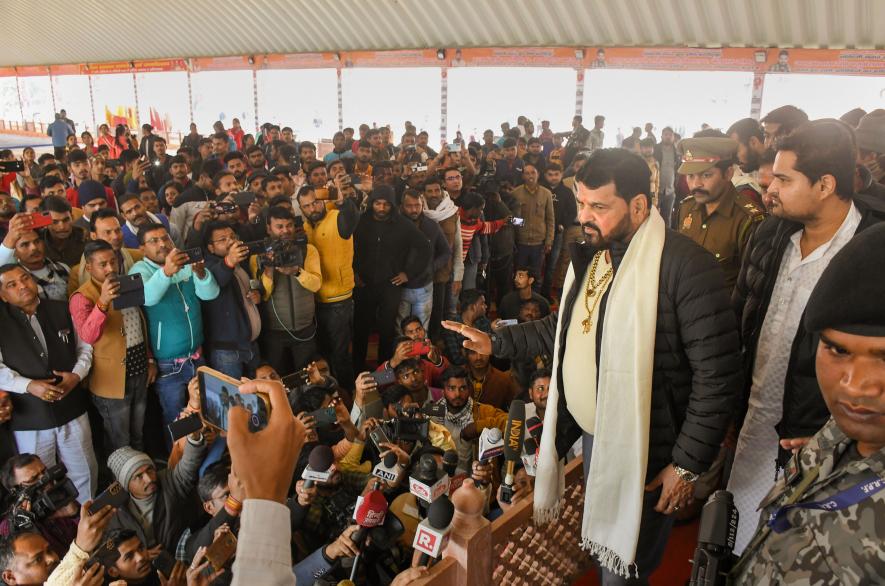 Wrestling Federation of India (WFI) President Brij Bhushan Sharan Singh speaks with the media regarding recent allegations of sexual harassment against him, in Gonda district, Friday, Jan 20, 2023. 