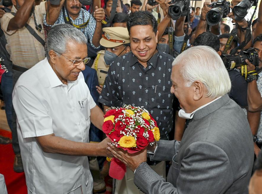 Kerala Governor Arif Mohammed Khan being welcomed by Chief Minister Pinarayi Vijayan as Assembly Speaker A.N. Shamseer looks on during the Budget Session of Kerala Assembly, in Thiruvananthapuram, Monday, Jan. 23, 2023.