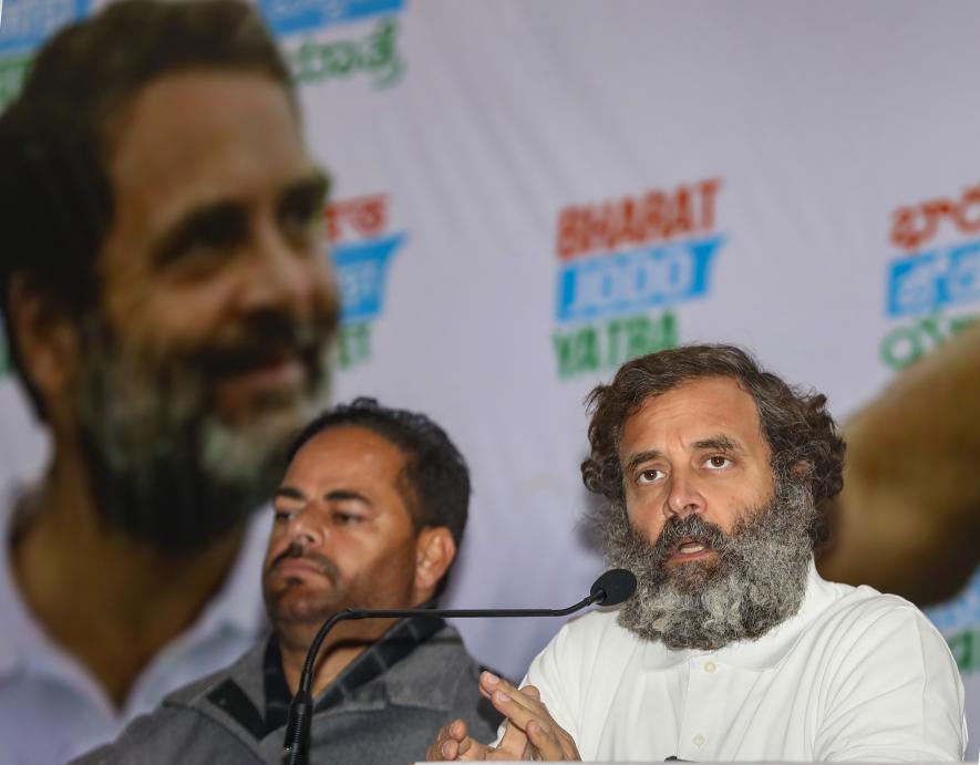 Congress leader Rahul Gandhi addresses a press conference amid the party's 'Bharat Jodo Yatra', at Jhajjar Kotli in Jammu district, Tuesday, Jan. 24, 2023.