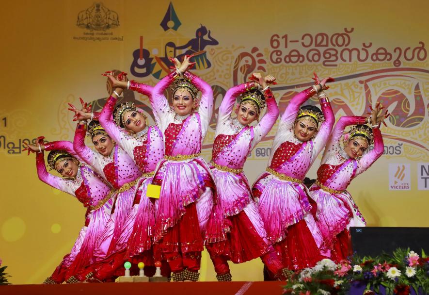 School students participate in a group dance competition during the 61st Kerala School Kalolsavam, in Kozhikode, Tuesday, Jan. 3, 2023.