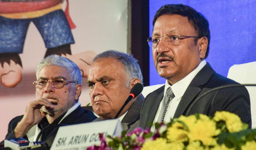 Chief Election Commissioner Rajiv Kumar with Election Commissioner Anup Chandra Pandey addresses a press conference during his visit to poll-bound Tripura, in Agartala, Thursday, Jan. 12, 2023.