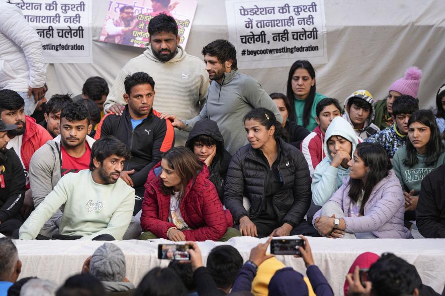 Wrestlers Vinesh Phogat, Sakshi Malik, Bajrang Punia and others during their ongoing protest against the Wrestling Federation of India (WFI), at Jantar Mantar in New Delhi, Friday, Jan. 20, 2023.