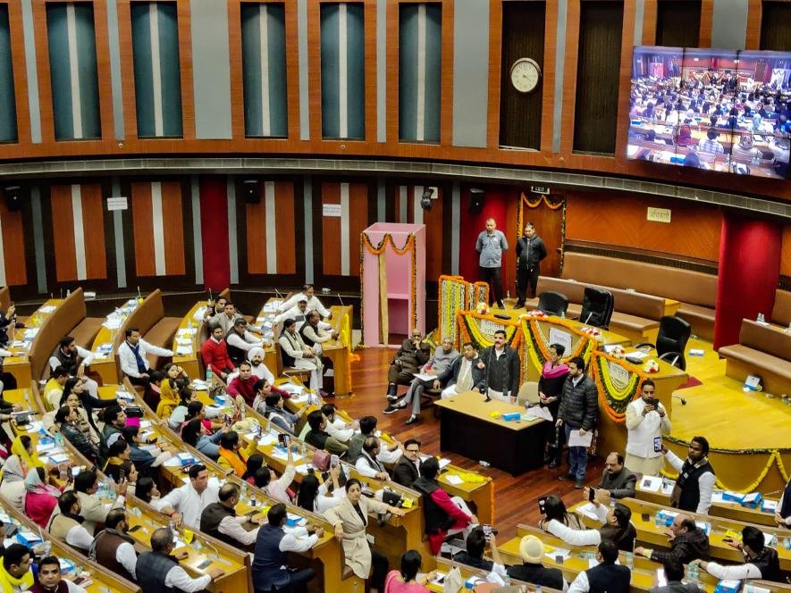 Aam Aadmi Party Rajya Sabha MP Sanjay Singh addresses his party members at the Civic Centre, after it was adjourned again without electing mayor and deputy mayor, in New Delhi, Tuesday, Jan. 24, 2023.