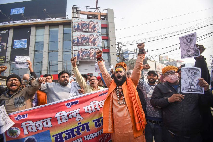Bajrang Dal activists raise slogans during a protest against Bollywood actor Shah Rukh Khan's newly-released movie 'Pathaan', in Patna, Wednesday, Jan. 25, 2023.