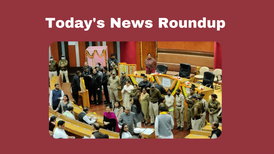 Security personnel deployed inside the MCD House ahead of the elections for Municipal Corporation of Delhi's Mayor, Deputy Mayor and six members of the Standing Committee from the House, at MCD Headquarters, in New Delhi, Tuesday, Jan. 24, 2023.