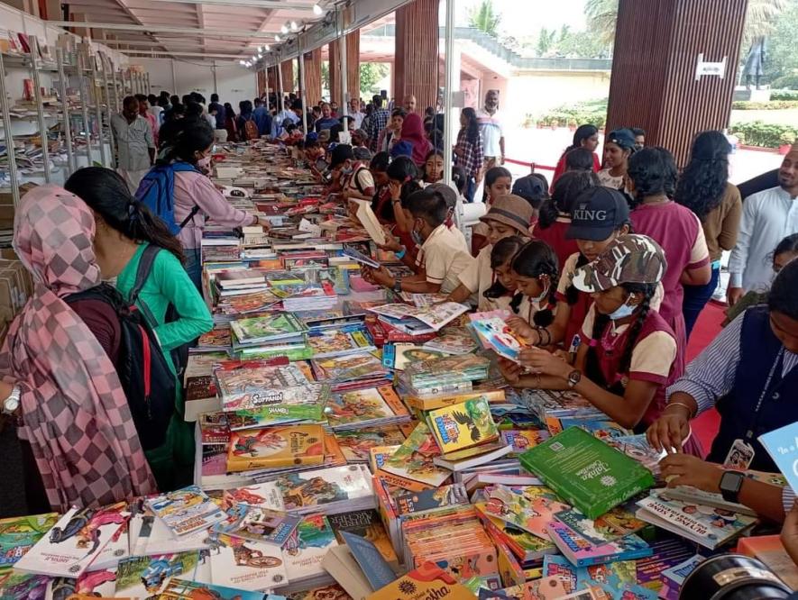 Students throng the book stalls.