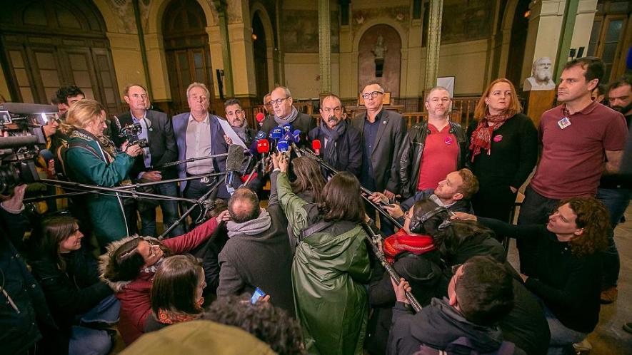 French trade union leaders addressing media outside the Paris Labor Exchange (Image via Workers’ Force)