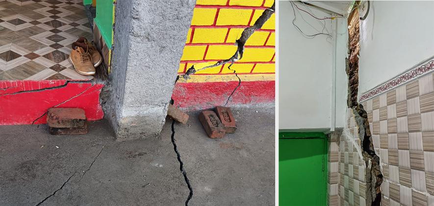 Combo photo shows cracks that appeared in houses at Nai Basti area in Doda district, Jammu and Kashmir. A few structures in the village started developing cracks a couple of days ago but the situation was exacerbated by a landslide on Thursday, Feb. 2, 2023.