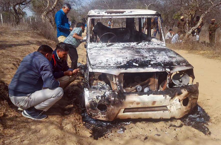Charred remains of a vehicle where bodies of two Muslim men were found, at Loharu in Bhiwani district, Haryana. Nasir and Junaid alias 'Juna', both residents of Ghatmeeka village in Bharatpur district of Rajasthan, were allegedly abducted on Wednesday and their bodies were found on Thursday morning.