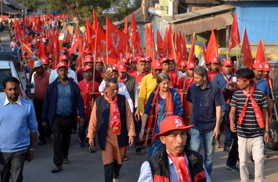 CPI(M) polit bureau member Brinda Karat leading a march in Tripura. 