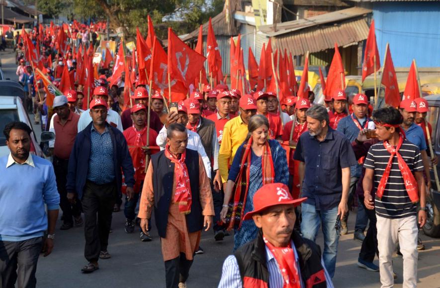 CPI(M) polit bureau member Brinda Karat leading a march in Tripura.