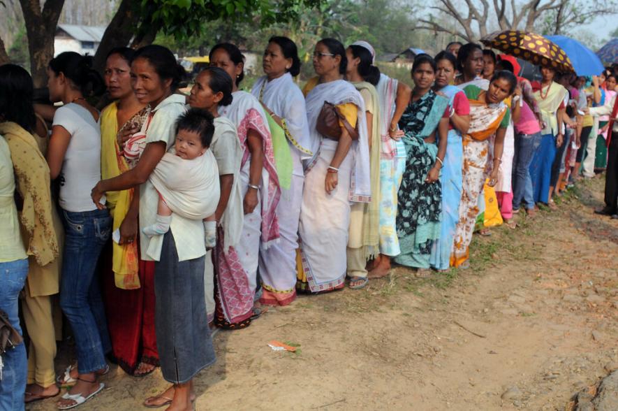 The female Voters are waiting for their turn to cast the vote at a polling station in Vamen Vukhri Tree, Dimapur, Nagaland during the first phase of the General Election-2009 on April 16, 2009.
