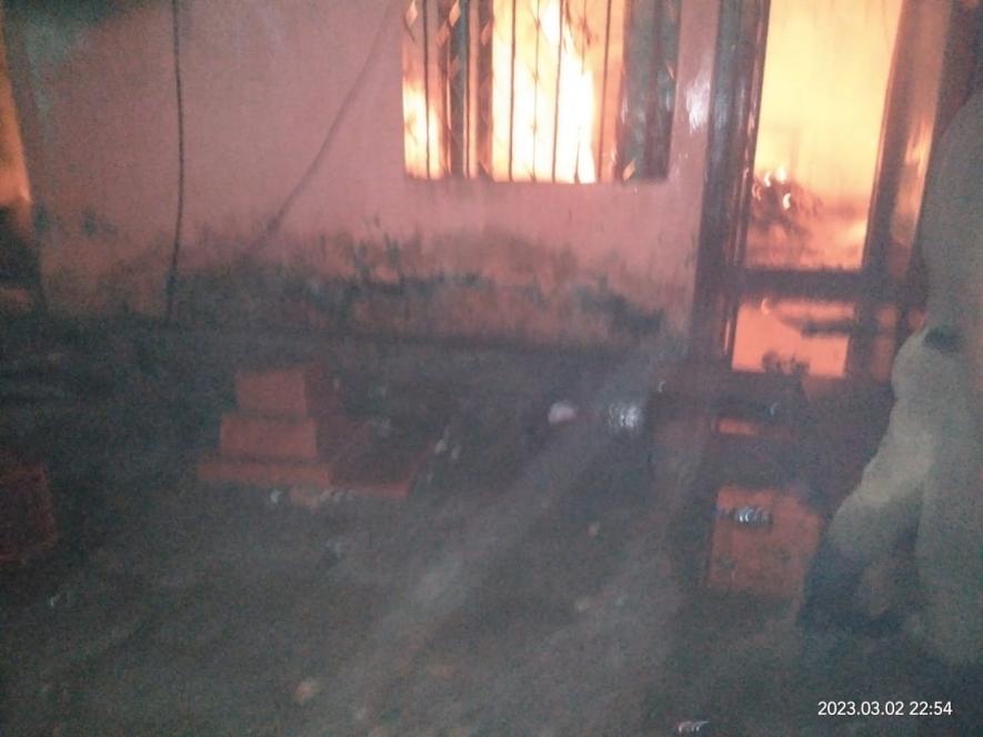 burning house of a left activist in kamalpur