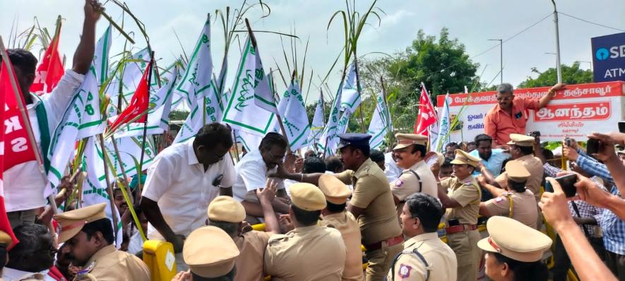 Sugarcane farmers protest in Tamil Nadu.