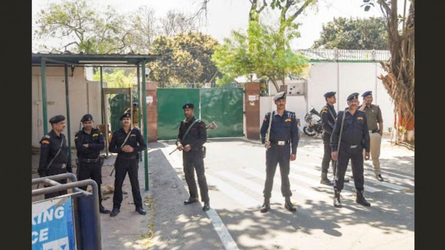 Patna: Security personnel deployed outside the residence of former Bihar chief minister Rabri Devi during a visit of CBI officials in connection with further probe in the land for jobs scam case, in Patna, Monday, March 6, 2023.