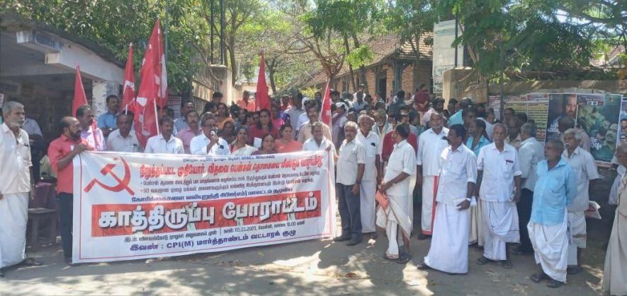Protest held in front of the Vilavancode taluk office in Kanyakumari district seeking immediate disbursal of social security pensions to the eligible beneficiaries.