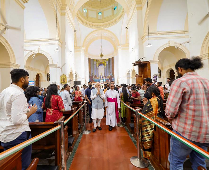 Prime Minister Narendra Modi during his visit to Sacred Heart Cathedral Catholic Church, in New Delhi, Sunday, April 9, 2023. 