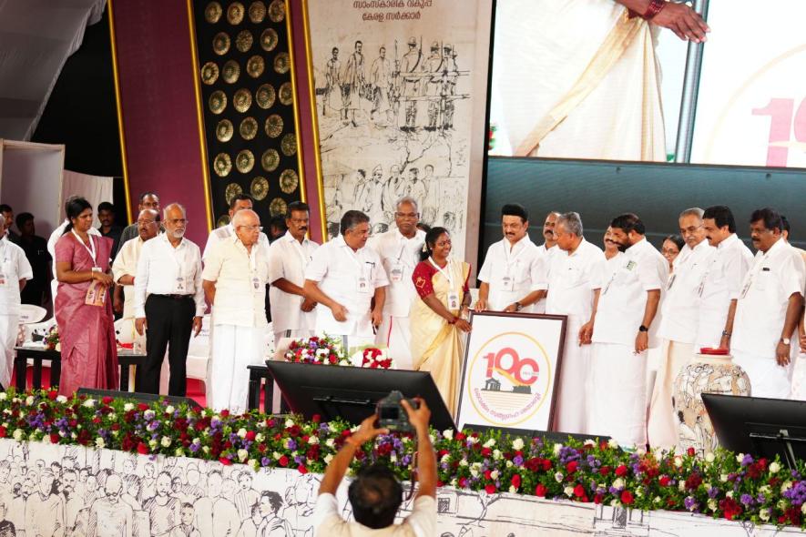 Kerala CM Pinarayi Vijayan and his Tamil Nadu counterpart MK Stalin release the logo of the centenary celebrations of the Vaikom Struggle. (Image: J Jessin).