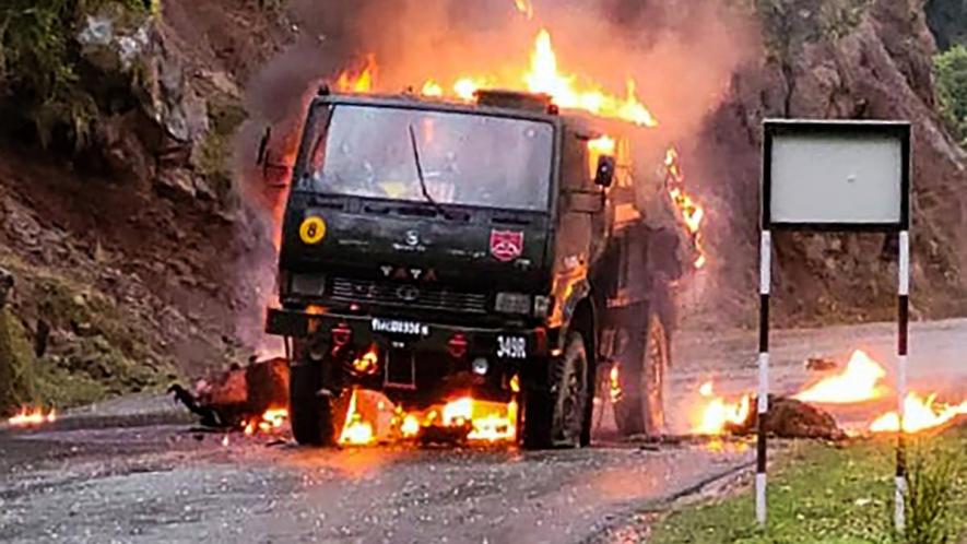 An Army vehicle is in flames after a terror attack at Mendhar in J&K’s Poonch district on April 20, 2023.