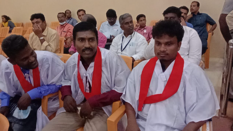Aravinthasamy seated along with other graduands after a round of questioning before being removed from the auditorium