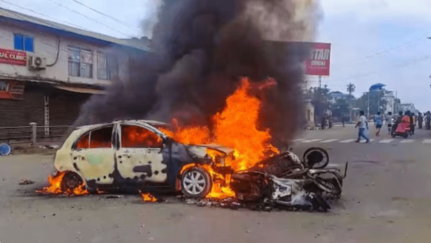 Vehicles in flames after violence broke out during the 'Tribal Solidarity March' called by All Tribal Student Union Manipur (ATSUM), in Imphal.