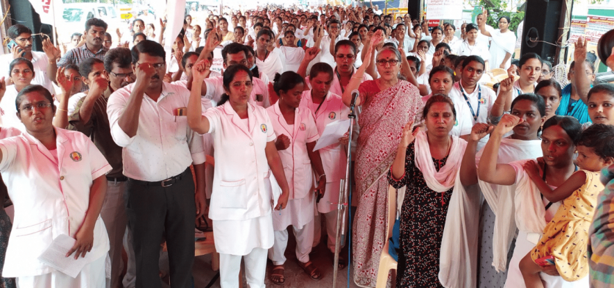 AIDWA members support the hunger strike by nurses at Chennai’s Rajarathinam Stadium on May 12.  