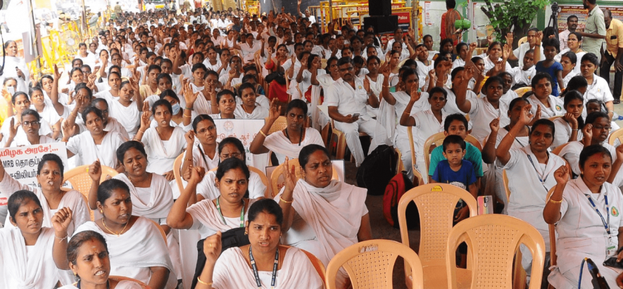 Temporary nurses protest the cancellation of paid maternity leave at Chennai’s Rajarathinam Stadium. Image courtesy: Ashwini Grace.