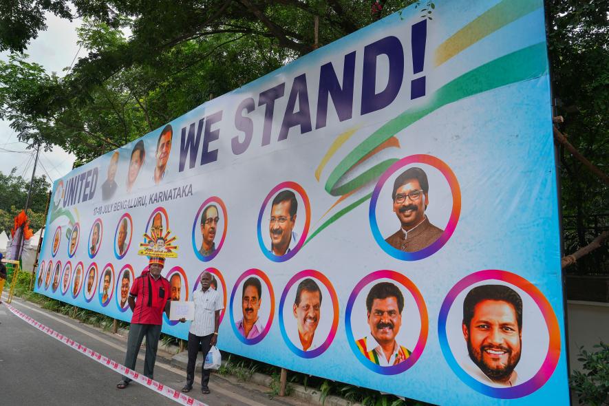 A poster of opposition leaders put up outside the venue of the united opposition meeting, in Bengaluru, Monday, July 17, 2023.