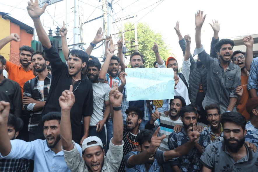 Gujjars and Bakerwals protest at Srinagar’s Press Enclave on Tuesday.