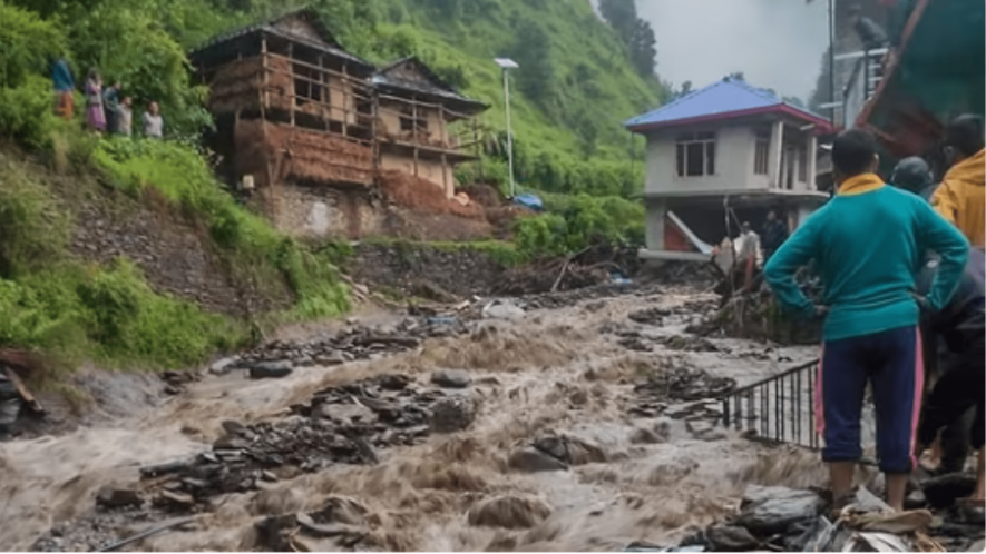 A flooded area following heavy rainfall, in Mandi district, Sunday, June 25, 2023.