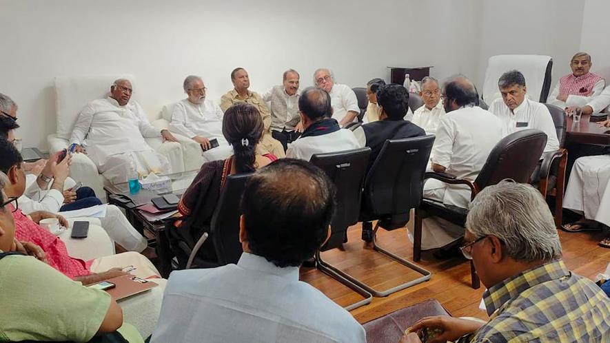 Congress President and Leader of the Opposition in Rajya Sabha Mallikarjun Kharge in a meeting with other leaders of the INDIA alliance parties at his chamber in Parliament House during Monsoon session, in New Delhi, Tuesday, July 25, 2023.