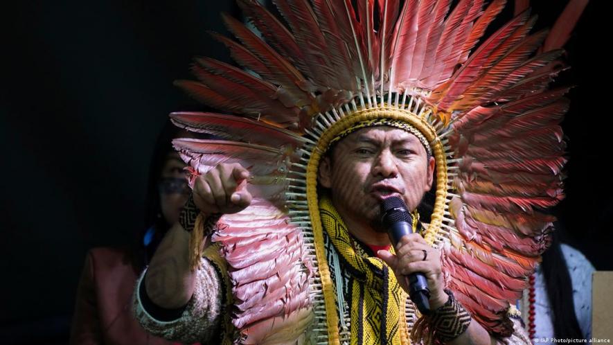Amazon tribal leader and climate activist Kreta Kaingang speaks during a demonstration at the UN climate conference in Glasgow, Scotland