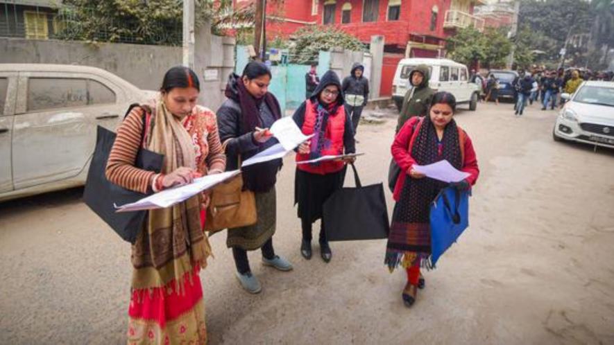 Enumerators during the first phase of the caste-based census in Patna on January 7.