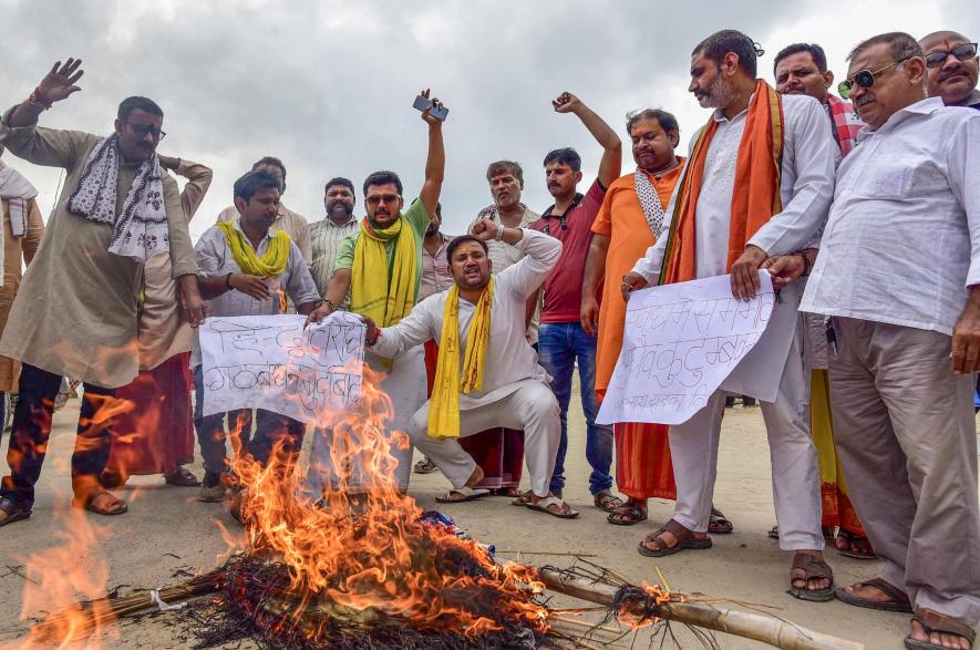 Prayagraj: People burn an effigy during a protest against DMK leader Udhayanidhi Stalin for his comments against Sanatan Dharma, in Prayagraj, Tuesday, Sept. 5, 2023. (PTI Photo)