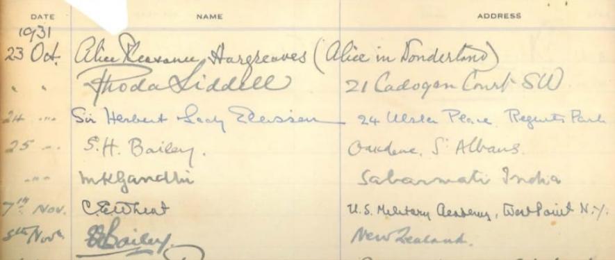 Gandhi's signature in the visitors' book of the then newly inaugurated Rhodes House, Oxford (Image from the Rhodes Trust)