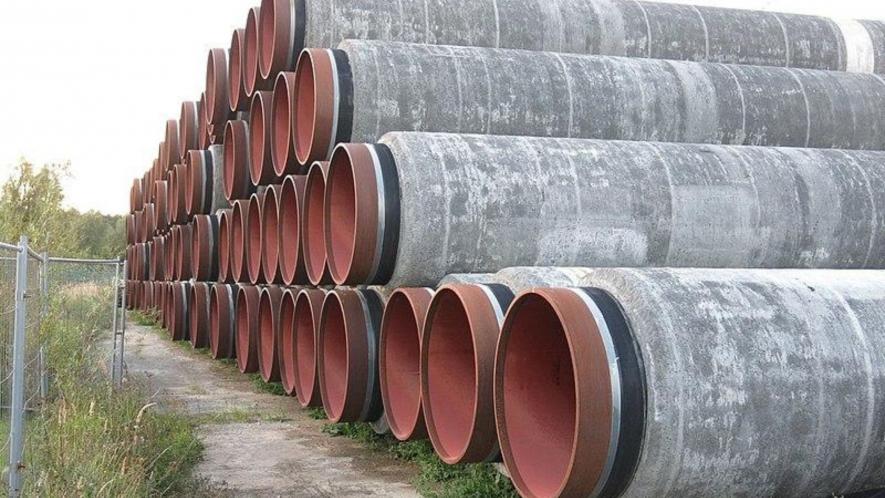 Stack of pipes/tubes for natural gas pipeline North Stream 2 at Mukran port, September 2020. Image Courtesy: Wikimedia Commons